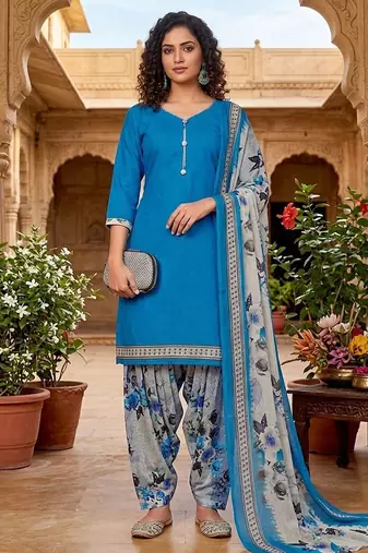 Teal printed cotton blend stitched floral  print salwar kurta dupatta for women