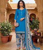 Teal printed cotton blend stitched floral  print salwar kurta dupatta for women