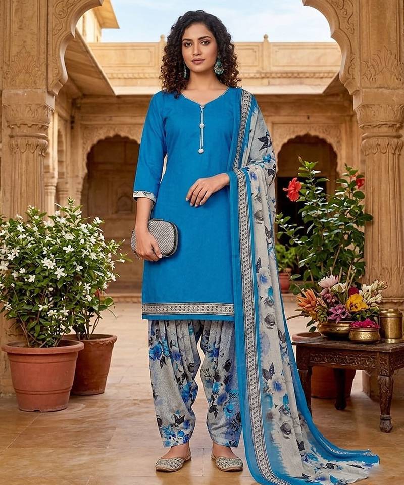 Teal printed cotton blend stitched floral  print salwar kurta dupatta for women