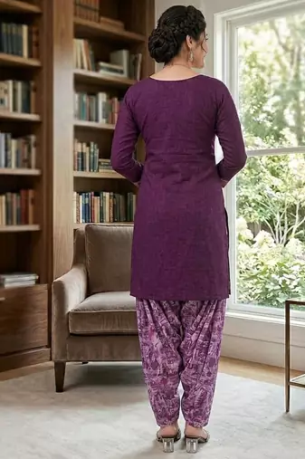 Purple printed cotton blend stitched floral  print salwar kurta dupatta for women