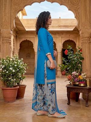 Teal printed cotton blend stitched floral  print salwar kurta dupatta for women 2