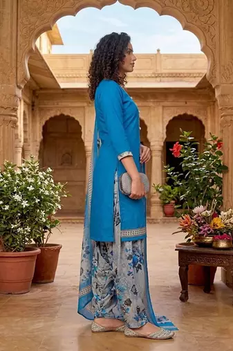 Teal printed cotton blend stitched floral  print salwar kurta dupatta for women