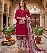 Red printed cotton blend stitched floral  print salwar kurta dupatta for women