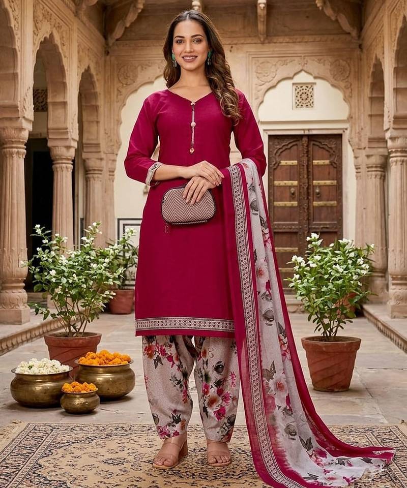 Red printed cotton blend stitched floral  print salwar kurta dupatta for women
