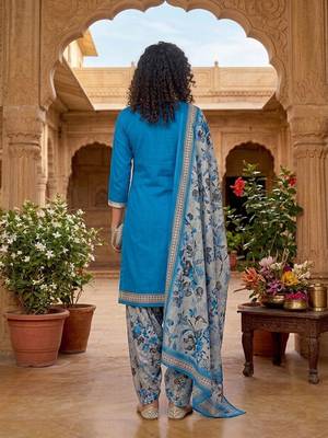 Teal printed cotton blend stitched floral  print salwar kurta dupatta for women 3