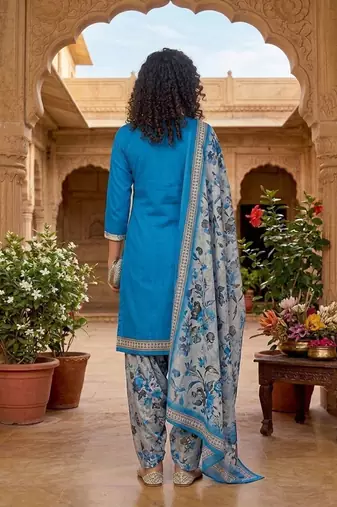 Teal printed cotton blend stitched floral  print salwar kurta dupatta for women