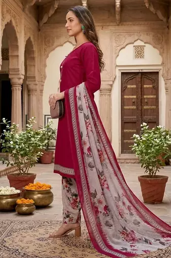 Red printed cotton blend stitched floral  print salwar kurta dupatta for women