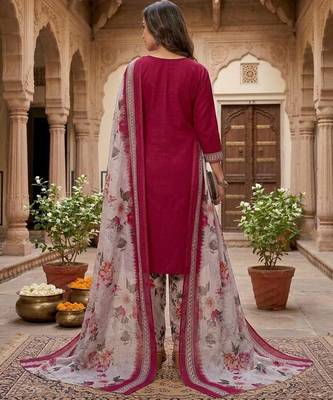 Red printed cotton blend stitched floral  print salwar kurta dupatta for women 3