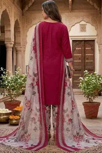 Red printed cotton blend stitched floral  print salwar kurta dupatta for women