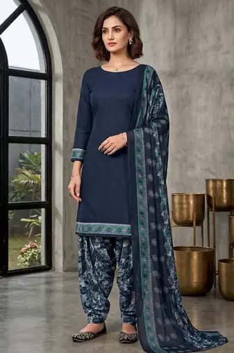 Blue printed cotton blend stitched floral  print salwar kurta dupatta for women