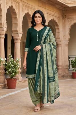 Green printed cotton blend stitched floral  print salwar kurta dupatta for women 4