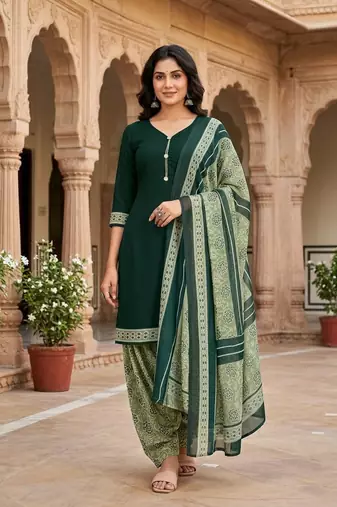 Green printed cotton blend stitched floral  print salwar kurta dupatta for women