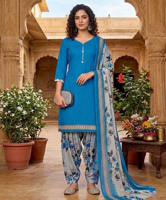 Teal printed cotton blend stitched floral  print salwar kurta dupatta for women 4