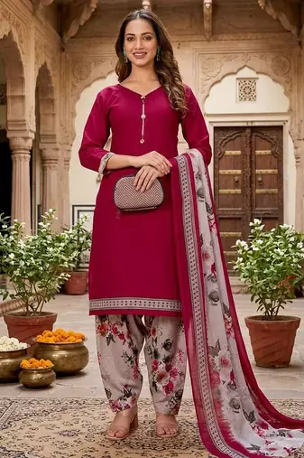Red printed cotton blend stitched floral  print salwar kurta dupatta for women
