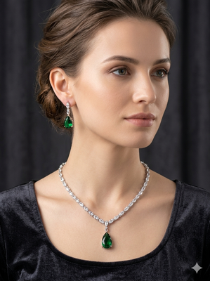 Emerald green white cz stones silver plated jewellery set 2