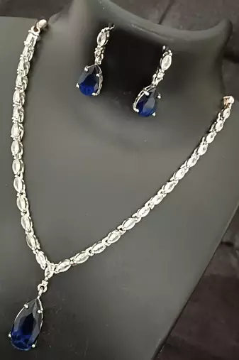 Sapphire blue white cz stones silver plated jewellery set