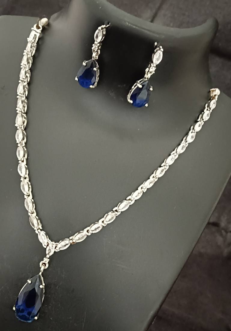 Sapphire blue white cz stones silver plated jewellery set