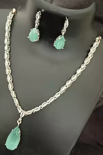 Mint green white cz stones silver plated jewellery set