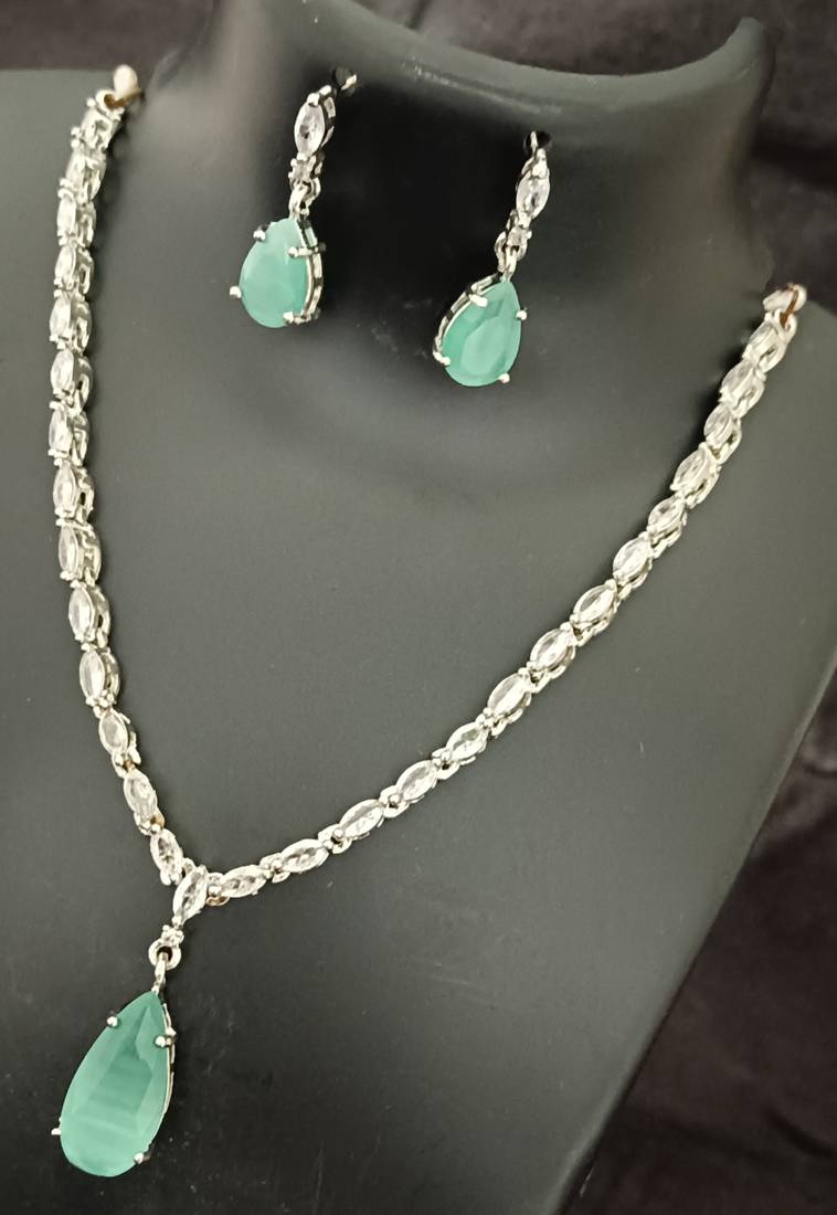 Mint green white cz stones silver plated jewellery set