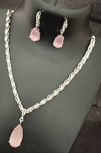 Pink white cz stones silver plated jewellery set
