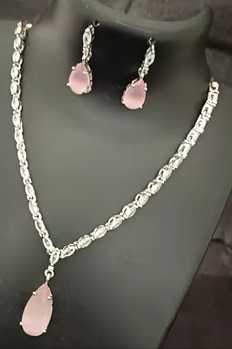 Pink white cz stones silver plated jewellery set