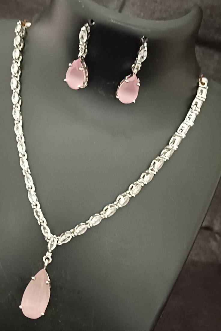 Pink white cz stones silver plated jewellery set