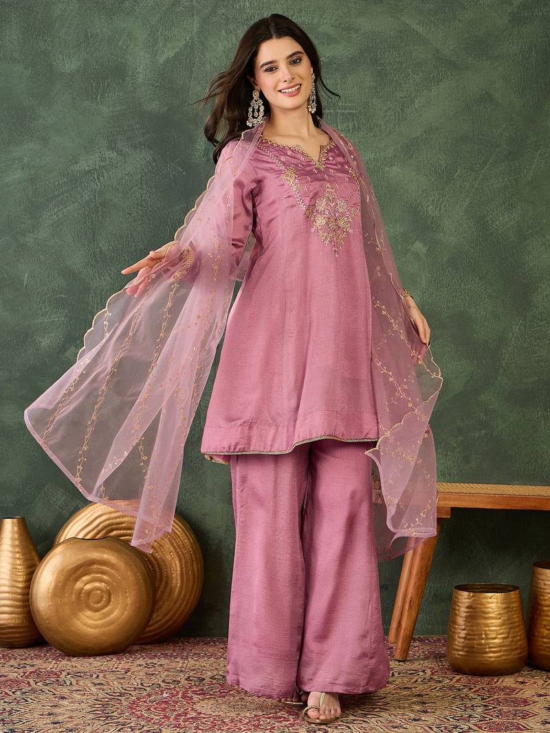Women's Gorgeous Embroidery Work Viscose Silk Fabric A-line Kurta Sharara and Dupatta Set