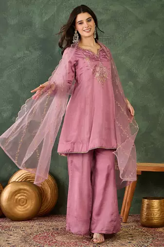 Women's Gorgeous Embroidery Work Viscose Silk Fabric A-line Kurta Sharara and Dupatta Set