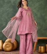 Women's Gorgeous Embroidery Work Viscose Silk Fabric A-line Kurta Sharara and Dupatta Set