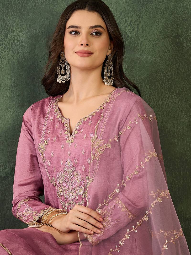 Women's Gorgeous Embroidery Work Viscose Silk Fabric A-line Kurta Sharara and Dupatta Set