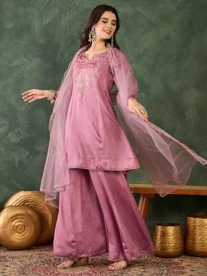 Women's Gorgeous Embroidery Work Viscose Silk Fabric A-line Kurta Sharara and Dupatta Set 3