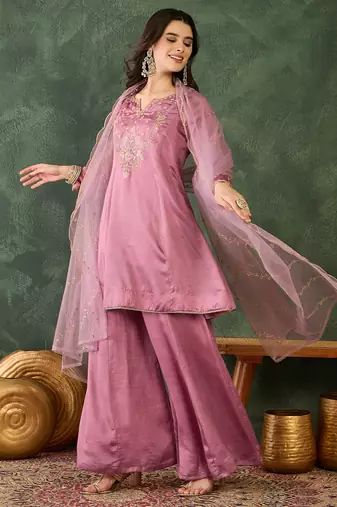 Women's Gorgeous Embroidery Work Viscose Silk Fabric A-line Kurta Sharara and Dupatta Set