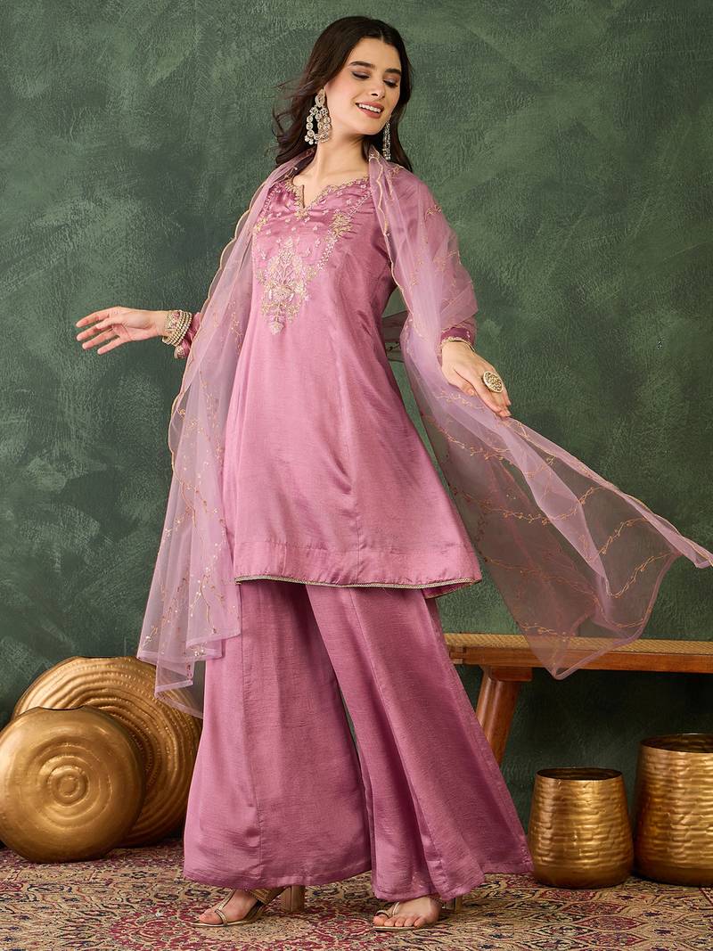 Women's Gorgeous Embroidery Work Viscose Silk Fabric A-line Kurta Sharara and Dupatta Set