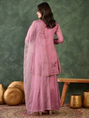 Women's Gorgeous Embroidery Work Viscose Silk Fabric A-line Kurta Sharara and Dupatta Set 4