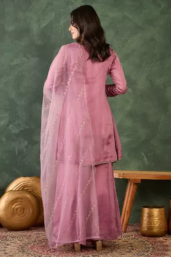 Women's Gorgeous Embroidery Work Viscose Silk Fabric A-line Kurta Sharara and Dupatta Set
