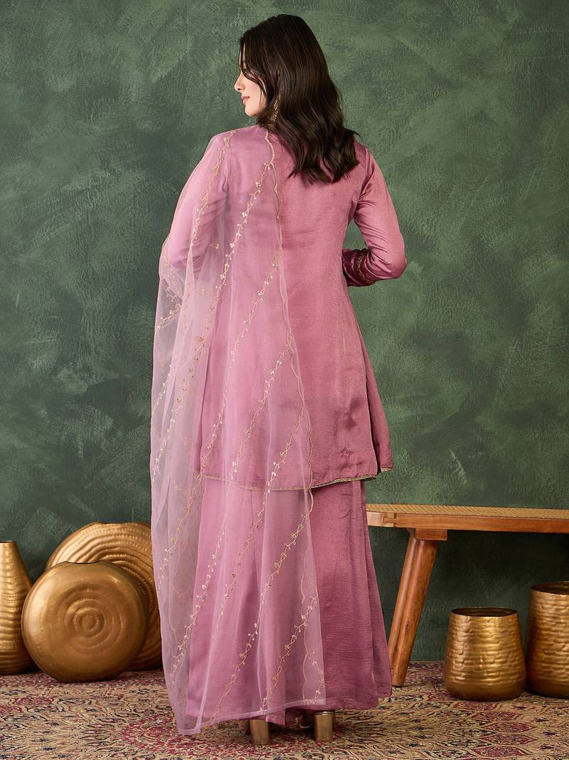 Women's Gorgeous Embroidery Work Viscose Silk Fabric A-line Kurta Sharara and Dupatta Set