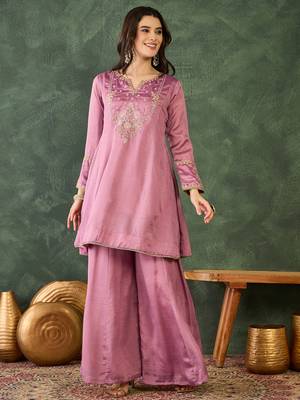 Women's Gorgeous Embroidery Work Viscose Silk Fabric A-line Kurta Sharara and Dupatta Set 5