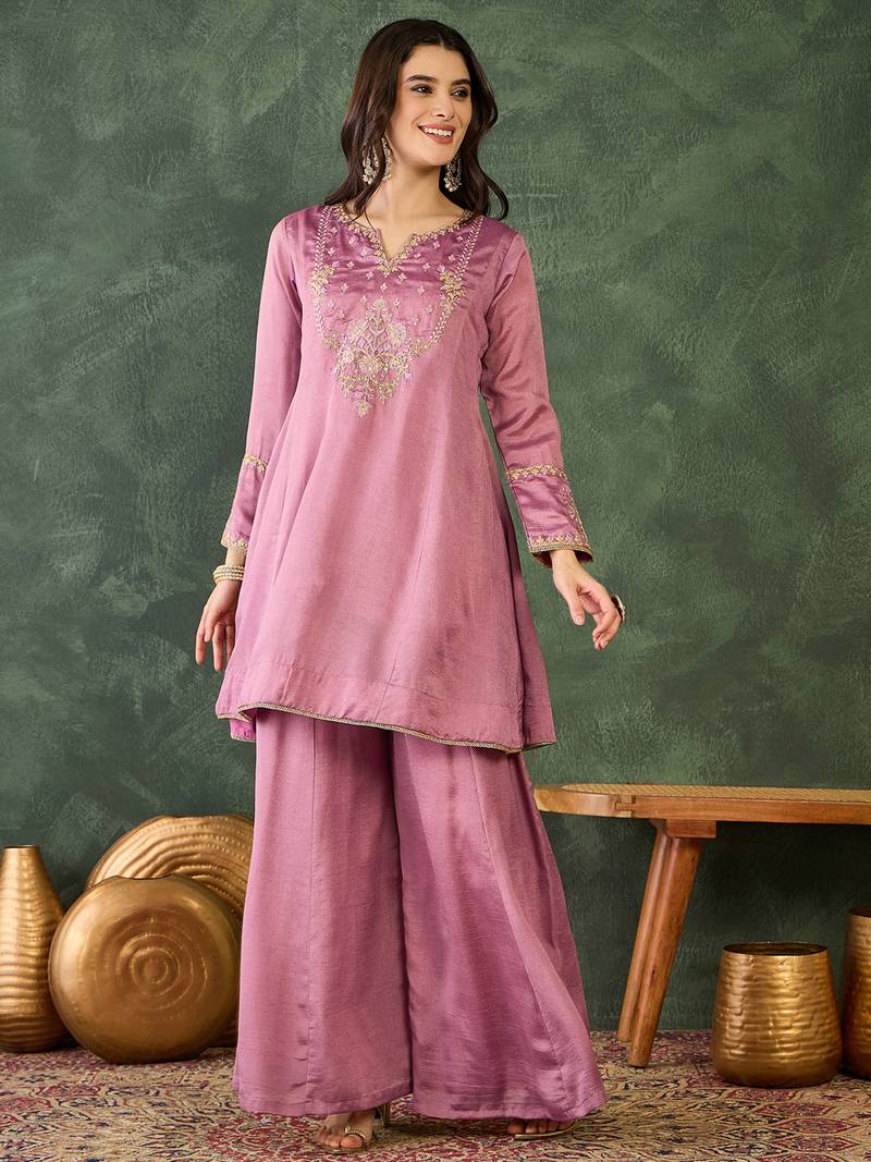 Women's Gorgeous Embroidery Work Viscose Silk Fabric A-line Kurta Sharara and Dupatta Set