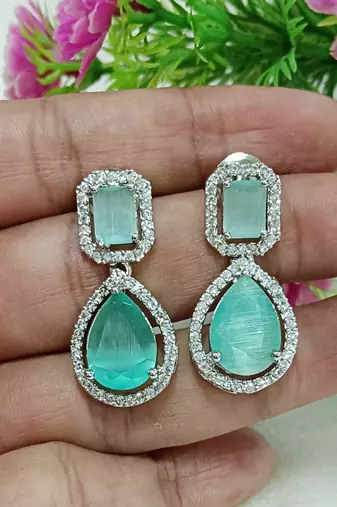 Mint green cz stones beautiful silver plated earrings set