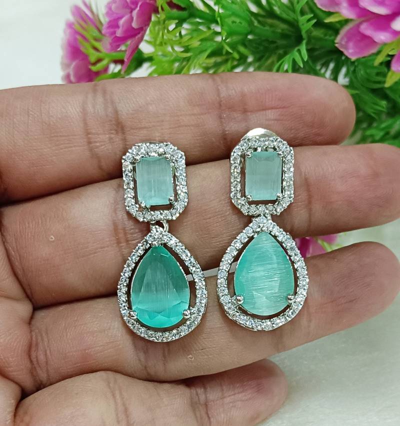 Mint green cz stones beautiful silver plated earrings set