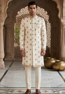 Cream butta embroidery indowestern for men 1