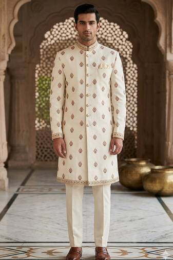 Cream butta embroidery indowestern for men | premium indowestern men's ethnic wear