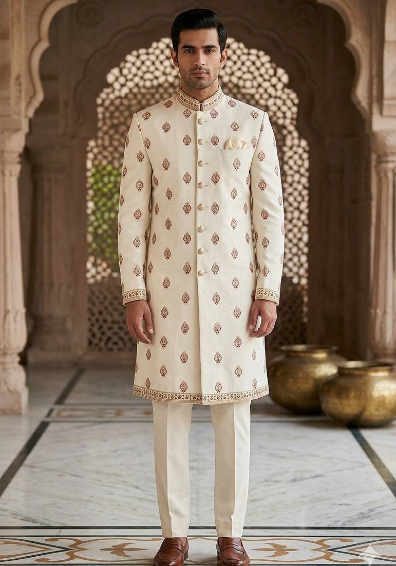 Cream butta embroidery indowestern for men | premium indowestern men's ethnic wear