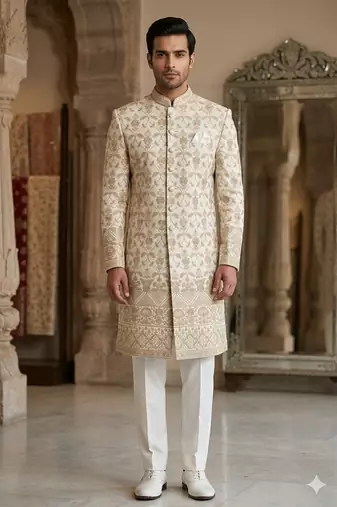 Off white daman embroidery indowestern for men | premium indowestern men's ethnic wear