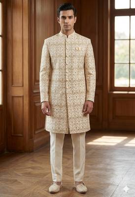 Cream color mirror style embroidery indowestern for men | premium indowestern men's ethnic wear 1