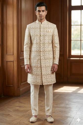 Cream color mirror style embroidery indowestern for men | premium indowestern men's ethnic wear