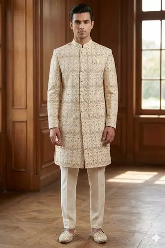 Cream color mirror style embroidery indowestern for men | premium indowestern men's ethnic wear