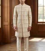 Cream color mirror style embroidery indowestern for men | premium indowestern men's ethnic wear