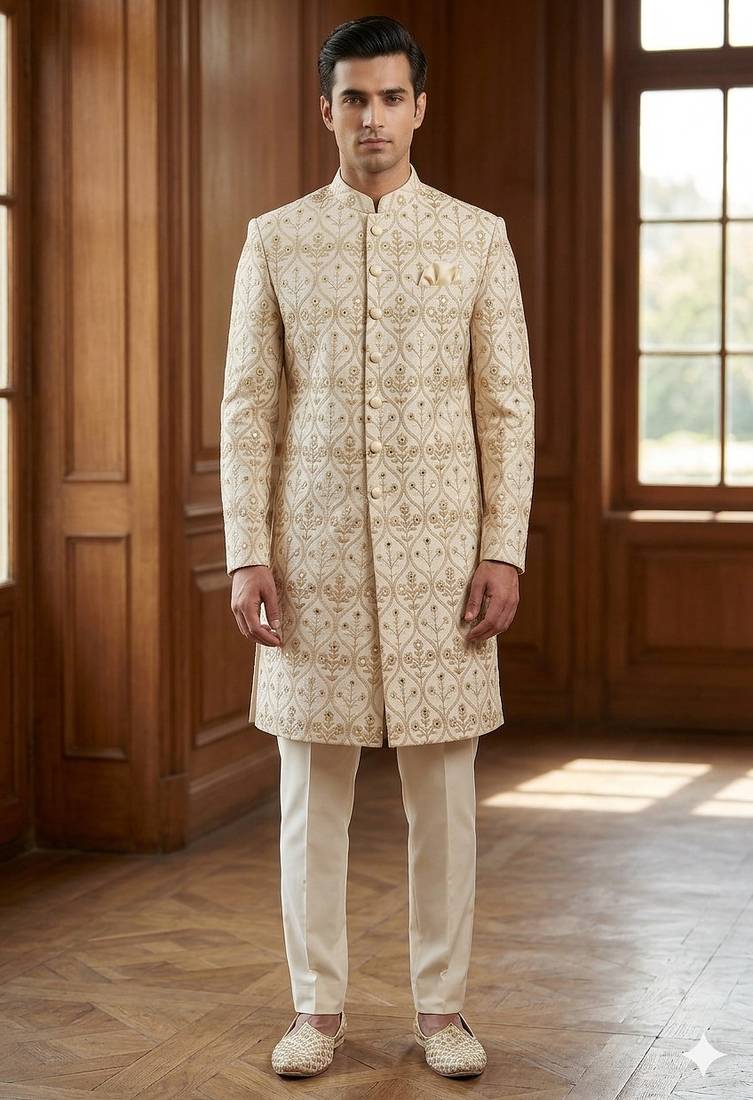 Cream color mirror style embroidery indowestern for men | premium indowestern men's ethnic wear