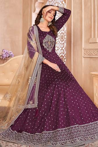 Wine Taffeta Silk Semi Stich Butti Anarkali Suit